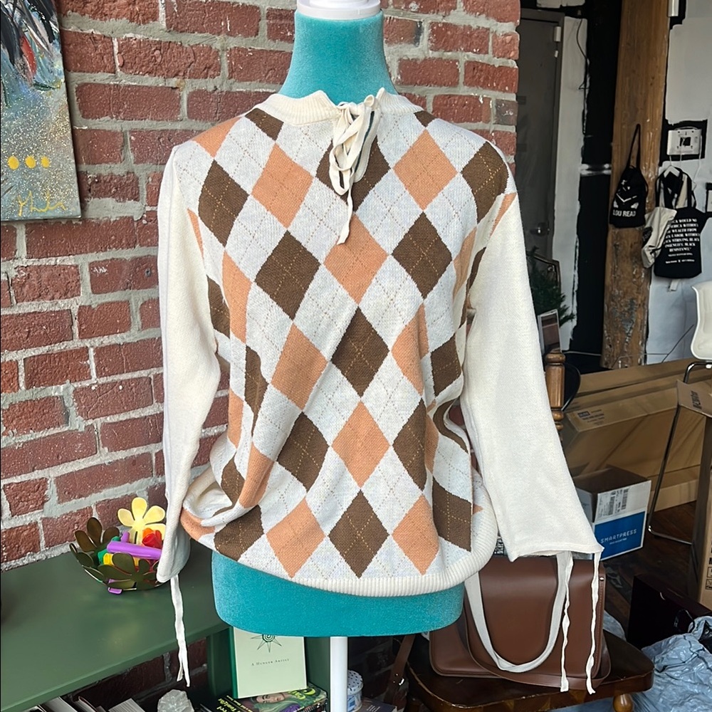 NWT Chic Argyle Knit Sweater in Cream, Orange, and Brown